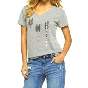 Graphic Tee Arrow Print w/ Contrast Striped Back V-neck Grey Women’s Size XS